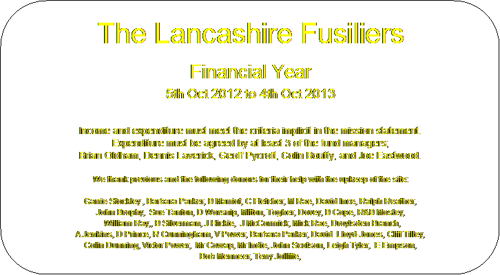 Rounded Rectangle: The Lancashire Fusiliers
Financial Year
5th Oct 2012 to 4th Oct 2013

Income and expenditure must meet the criteria implicit in the mission statement.
Expenditure must be agreed by at least 3 of the fund managers;
Brian Oldham, Dennis Laverick, Geoff Pycroft, Colin Boutty, and Joe Eastwood.

We thank previous and the following donors for their help with the upkeep of the site:

Garrie Stockley , Barbara Parker, B Marriot, C Fletcher, M Rae, David Ince, Ralph Reather, 
John Brophy,  Sue Tanton, D Worsnip, MItton, Togher, Dovey, B Cope, R&B Mosley,
  William Ray,, B Silverman, J Hickie,  J McCormick, Mick Rae, Droylsden Branch, 
A Jenkins, D Prince, R Cunningham, V Power, Barbara Parker, David  Lloyd-Jones, Cliff Tilley, 
Colin Dunning, Victor Power,  Mr Cowap, Mr Indie, John Scotson, Leigh Tyler,  E Empson, 
Bob Menneer, Terry Jolliffe, 






